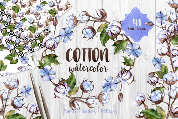 Blue and White Cotton Watercolor Set for Editorial Design