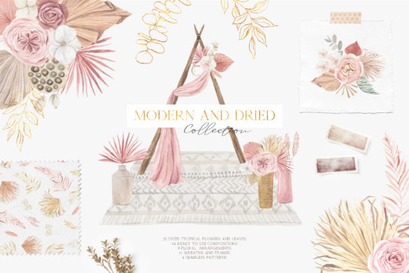 Boho Tropical Dried Watercolor Set for Branding and Illustrations