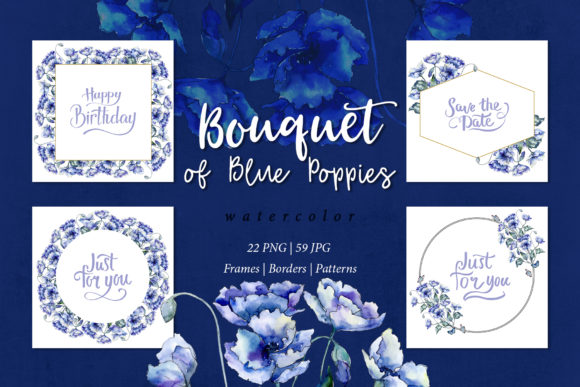 Bouquet of Blue Poppies Watercolor Set: A Fresh Illustration for Branding