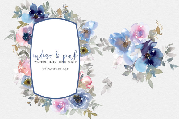 Indigo and Pink Watercolor Clipart Set for Illustrations