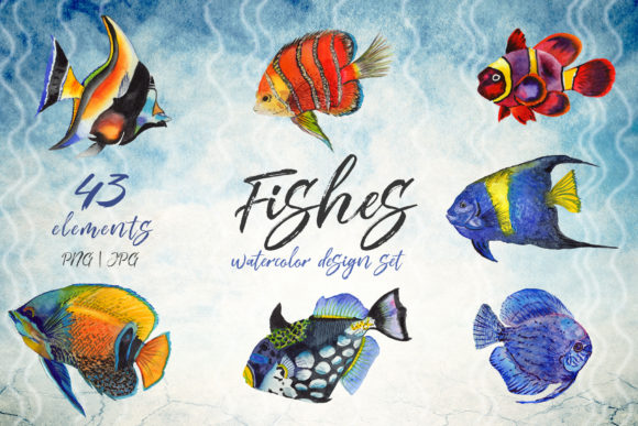 Sea Fishes PNG Watercolor Set for Local Business Branding
