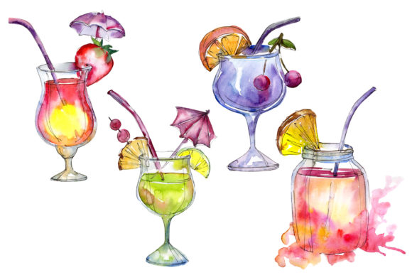 Tropical Cocktails Watercolor Set: A Vibrant Graphic Design Asset for Local Branding
