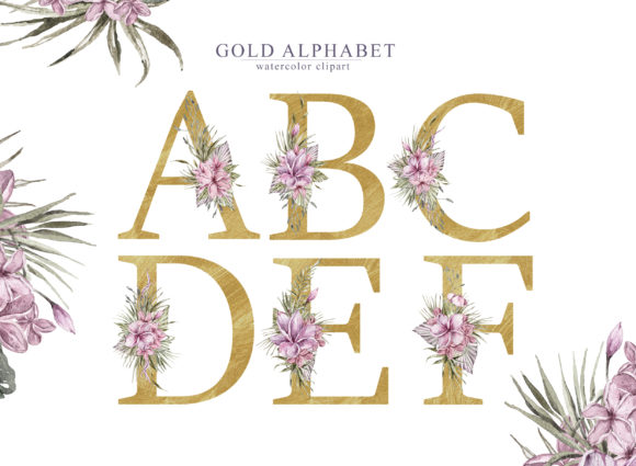 Watercolor Floral Gold Alphabet Clipart for Handmade Businesses