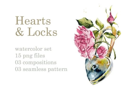 Watercolor Locks-Hearts and Pink Roses Illustrations
